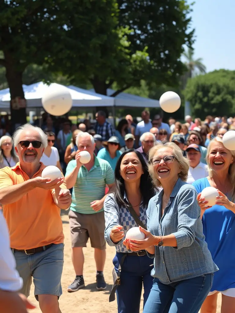 A diverse group of members participating in a friendly Boule Lyonnaise league match, showcasing community engagement and sportsmanship.