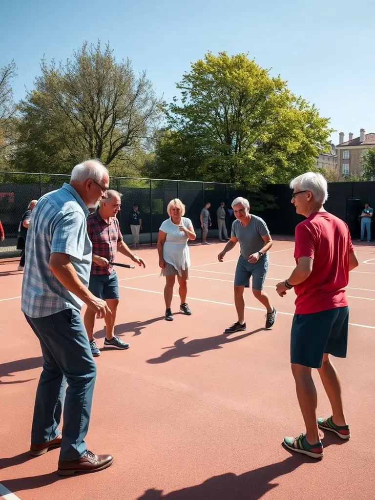 A group of people of various ages playing Boule Lyonnaise on a well-maintained terrain, focusing on teamwork and friendly competition.
