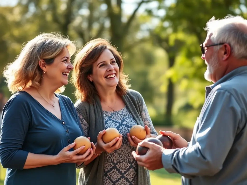 A heartwarming image of boule lyonnaise players laughing and interacting, highlighting the social aspect of the sport.