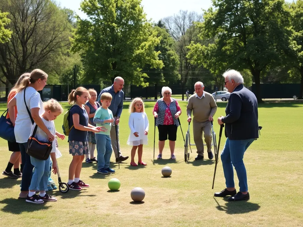 An inclusive image showing people of different ages and abilities participating in a boule lyonnaise event, emphasizing community involvement.