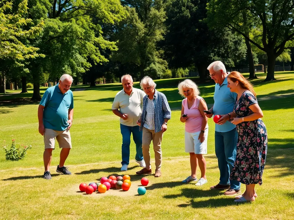A dynamic image showing a group of diverse individuals playing boule lyonnaise in a park, emphasizing the physical activity and outdoor setting.