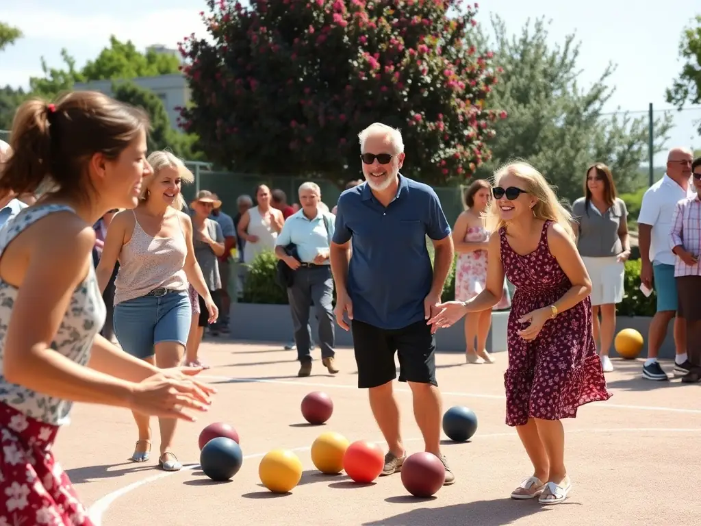 A vibrant image of a boule lyonnaise recreational event, showcasing people laughing and enjoying a friendly game.