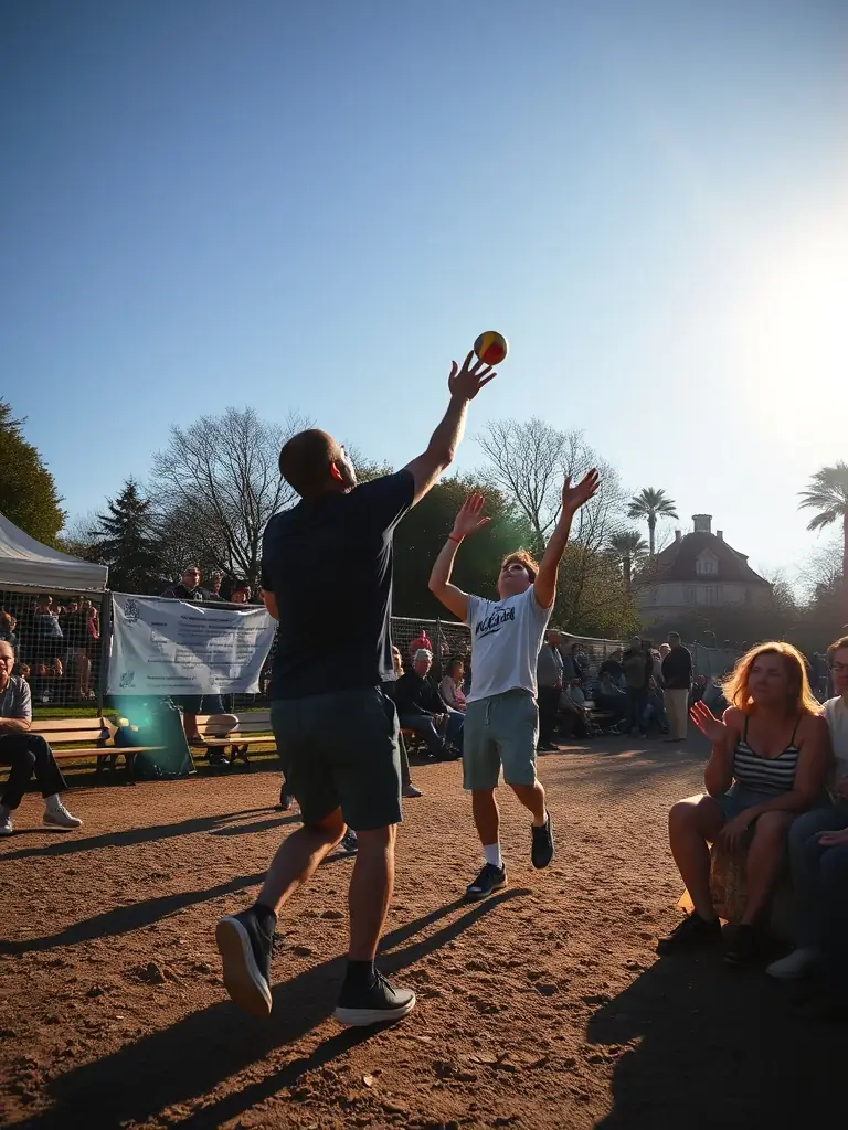 A Boule Lyonnaise tournament in progress, with participants and spectators enjoying the competitive atmosphere and camaraderie.