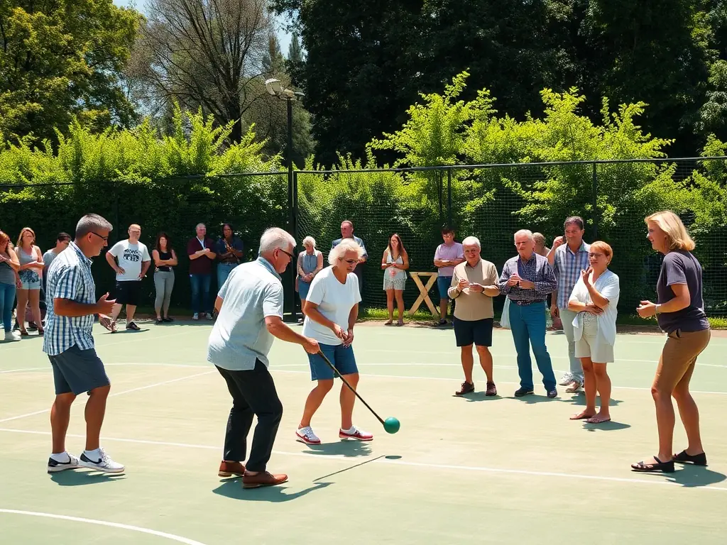 A diverse group of adults participating in a friendly Boule Lyonnaise match, showcasing different skill levels and ages. The setting is a well-maintained boule court with spectators cheering on the players.
