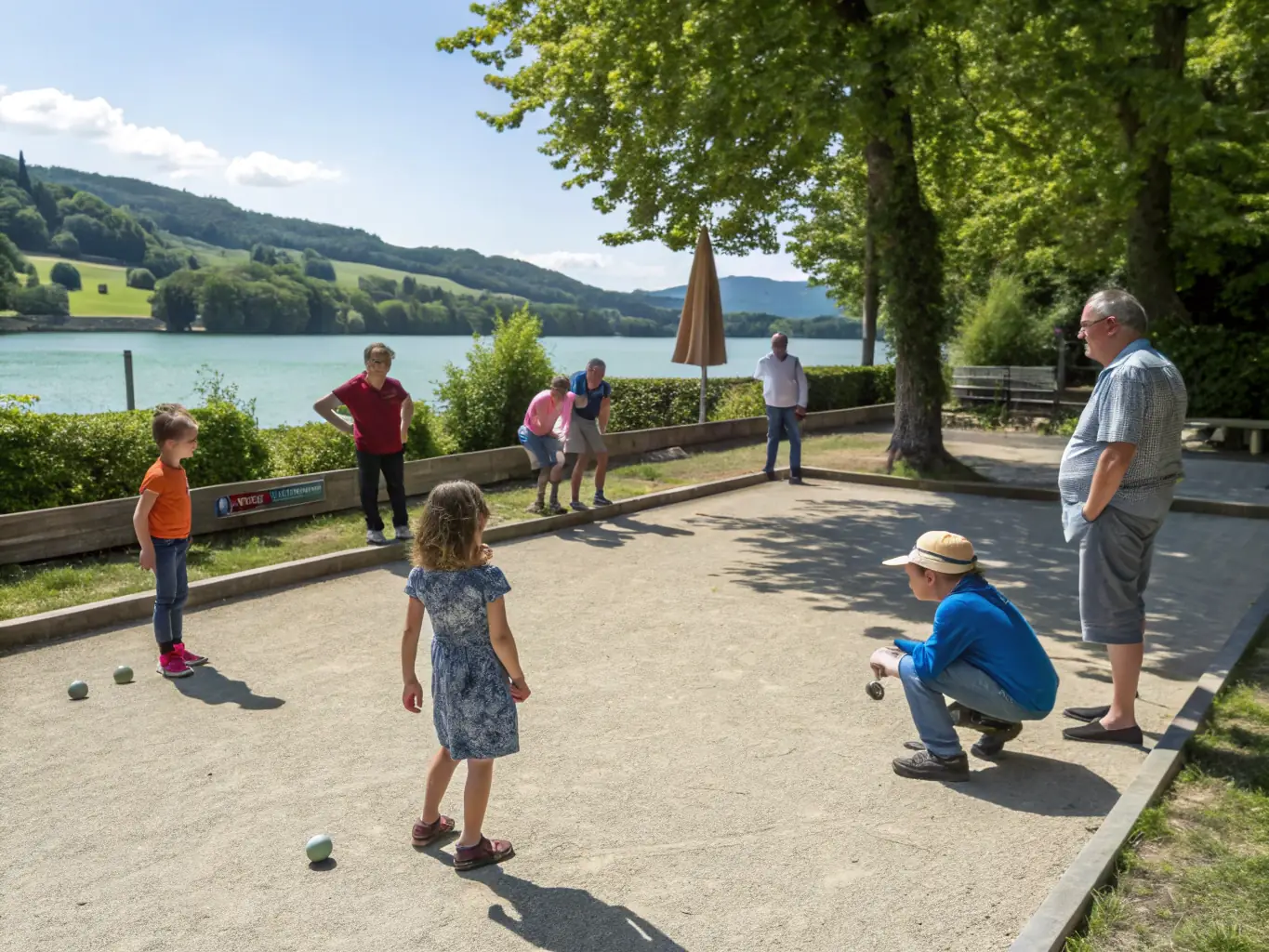 A group of children learning the basics of Boule Lyonnaise on a sunny outdoor terrain, with a coach providing guidance and encouragement. The scene captures the joy and enthusiasm of the young participants.