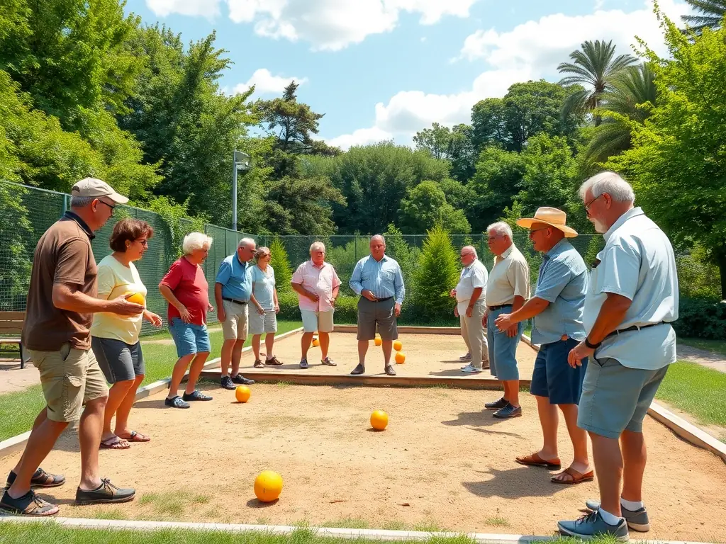 An image depicting a friendly Boule Lyonnaise league match, with players of varying ages and skill levels competing in a relaxed and supportive atmosphere.