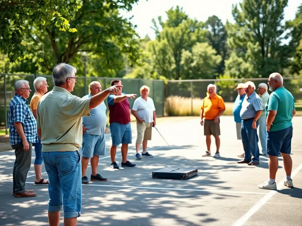 A group of people of various ages participating in a boule lyonnaise training session on a sunny day, with a coach providing guidance.