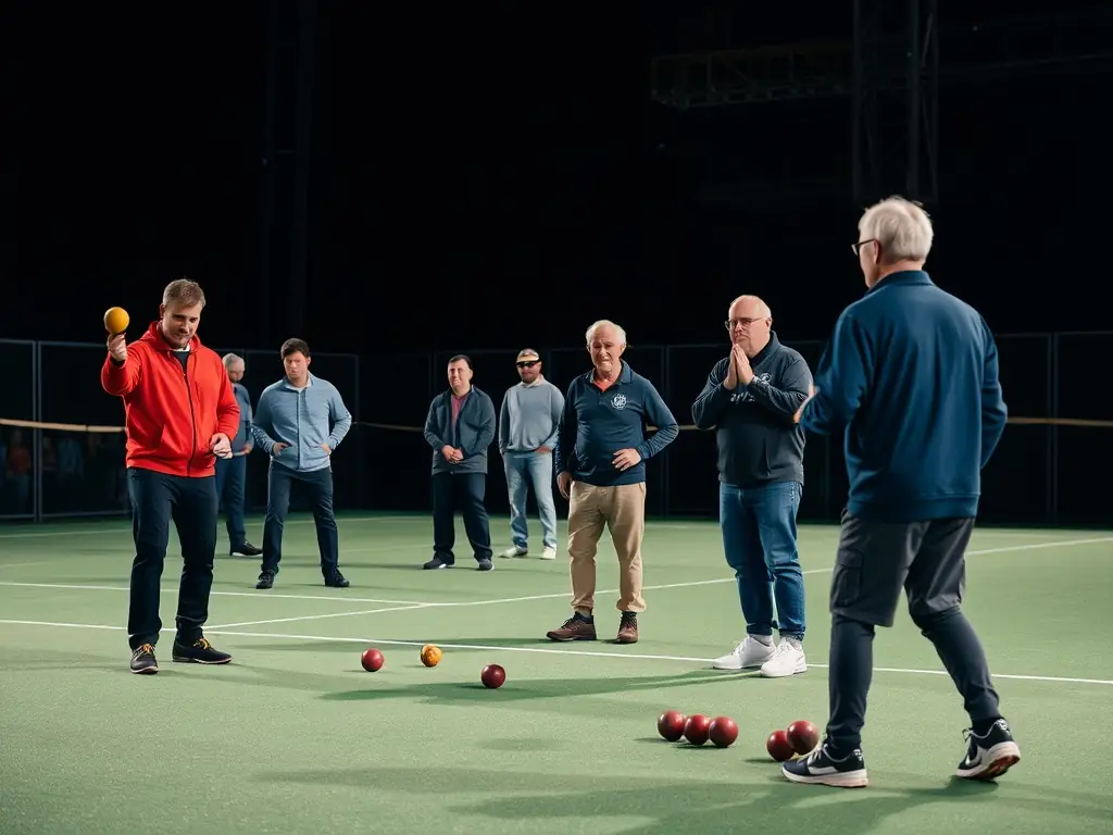 An intense Boule Lyonnaise training session with advanced players practicing precision shots and strategic plays. The coach is providing detailed feedback, and the players are focused and determined.